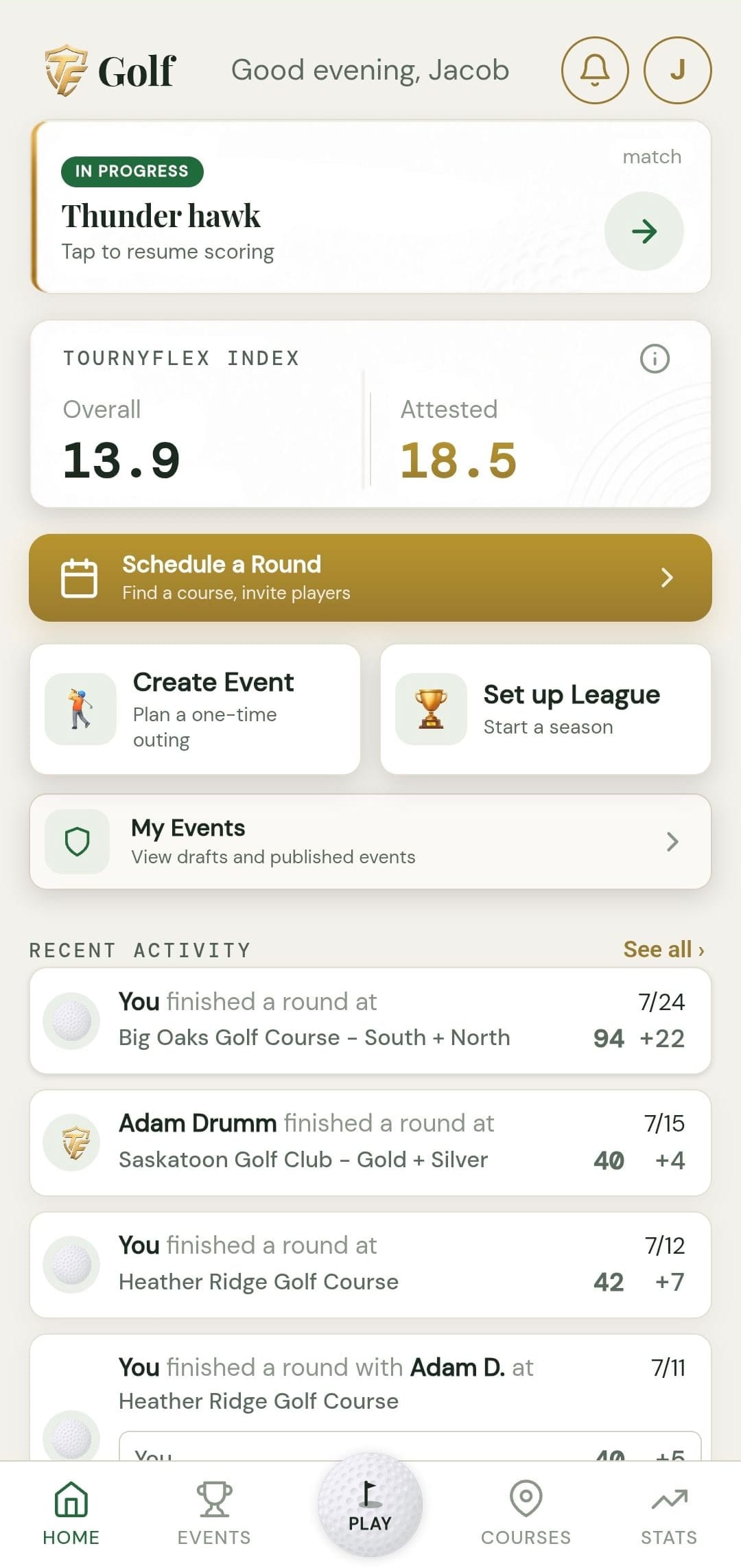 The TournyFlex golf app home screen